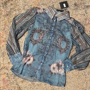 Balmain Blue Floral Sheer Blouse Rhinestone Buttons S